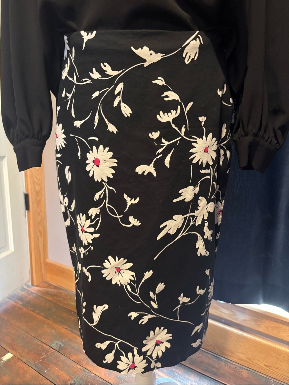 Talbots Black Skirt with Cream Floral Print